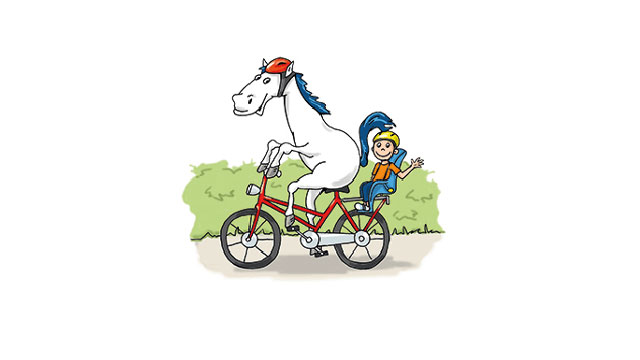Eine Zeichnung vom Maskottchen Öfi auf dem Fahrrad, natürlich mit Helm. Auf einem Kindersitz sitzt ein Mädchen und lässt sich von Öfi fahren.